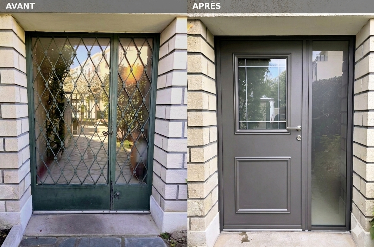 Rénovation d’une porte d’entrée aluminium avec tierce vitrée à Créteil par 2M Conseil